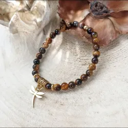 Bracelet en Œil de Tigre et Acier Doré – Libellule