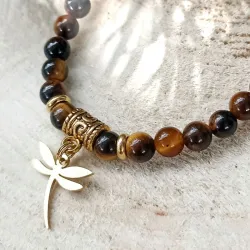 Bracelet en Œil de Tigre et Acier Doré – Libellule