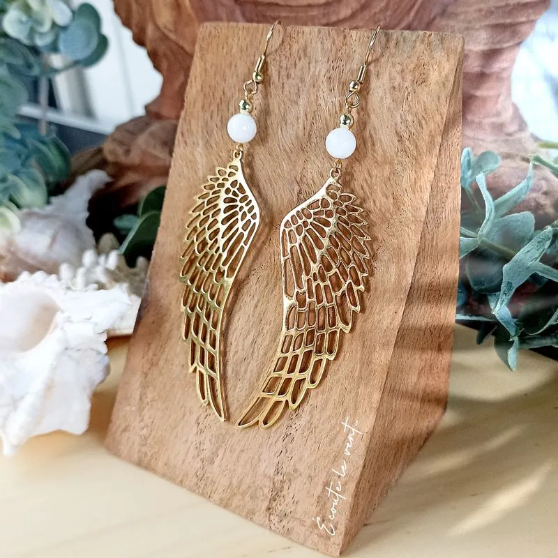 Boucles d’oreilles Ailes d'ange en Nacre et Acier Doré