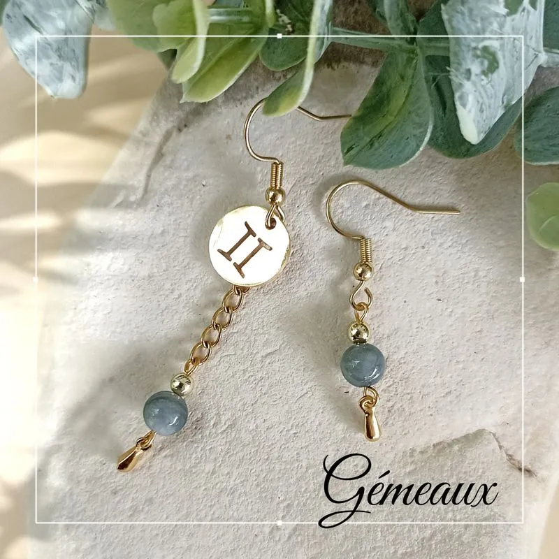 Boucles d’oreilles Gémeaux en Acier Inoxydable Doré et Œil de Faucon