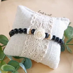 Bracelet en Obsidienne, Nacre et Rose en Résine