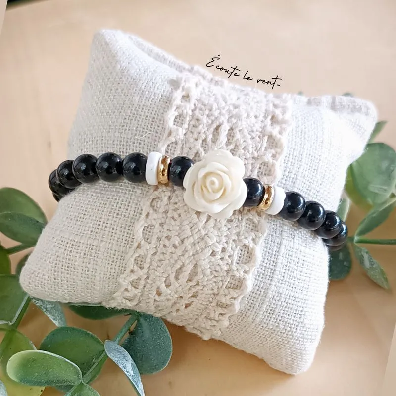 Bracelet en Obsidienne, Nacre et Rose en Résine