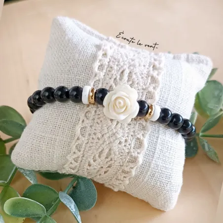 Bracelet en Obsidienne, Nacre et Rose en Résine