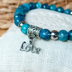 Bracelet en Apatite et Acier Inoxydable – Breloque "Love"