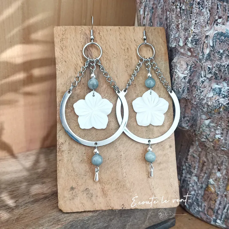 Boucles d’oreilles Fleur de Nacre et Œil de Faucon