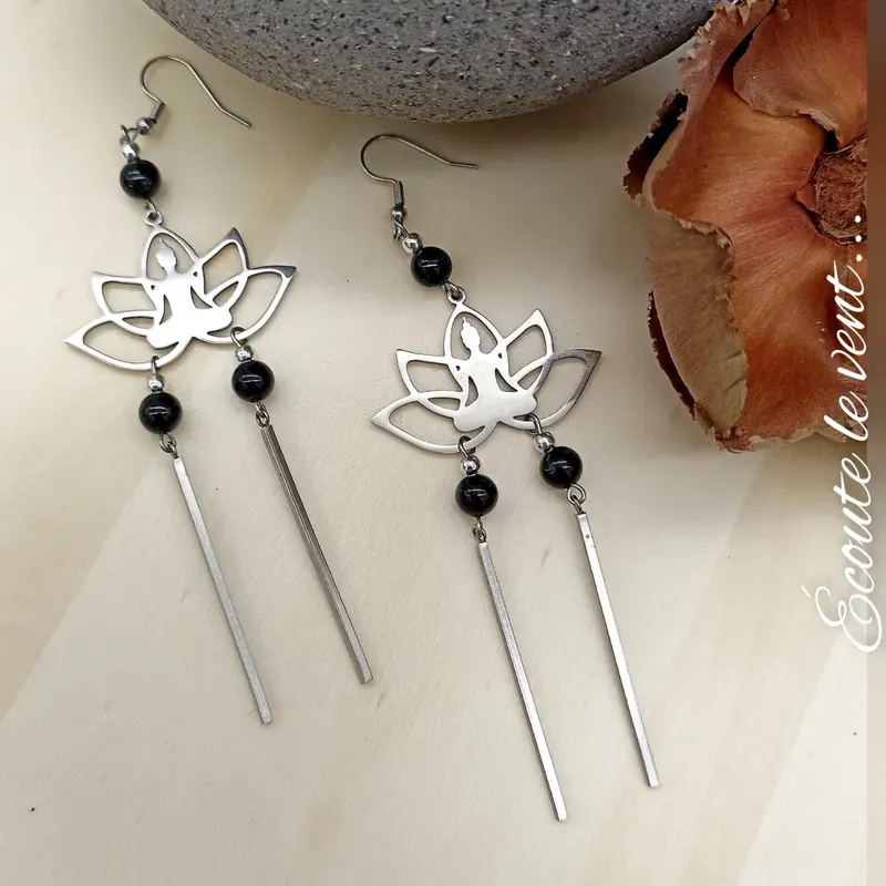Boucles d’oreilles Lotus et Obsidienne