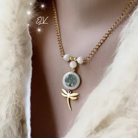 Collier Arbre de Vie et Libellule – Nacre et Acier Inoxydable Doré
