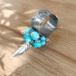 Bague Plume et Howlite Bleu Turquoise – Acier Inoxydable