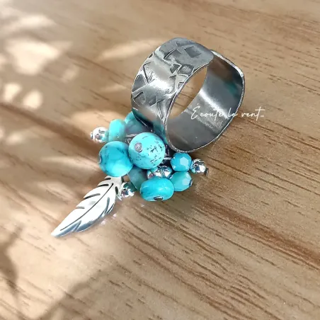 Bague Plume et Howlite Bleu Turquoise – Acier Inoxydable