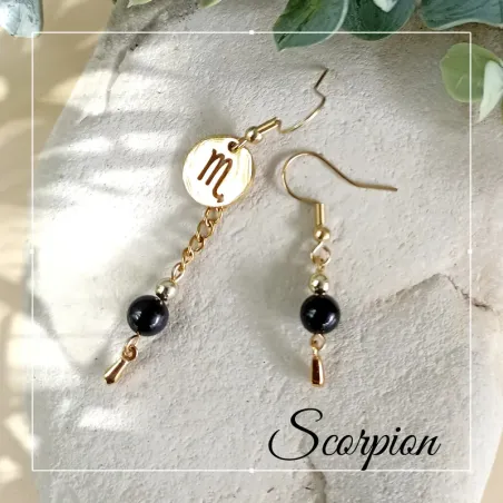 Boucles d'Oreilles Scorpion – Obsidienne et Acier Inoxydable Doré