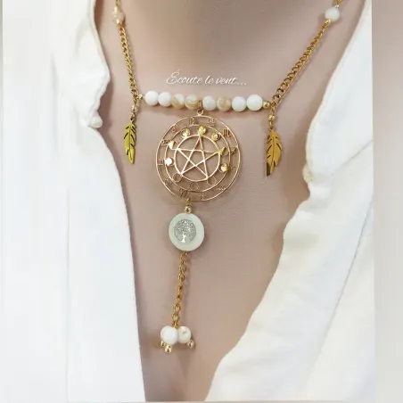 Collier "Symbole Astral" en Howlite et Acier Doré