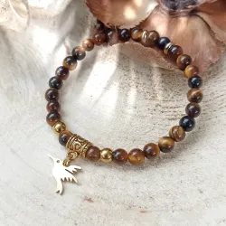 ✨ Bracelet en Œil de Tigre et Colibri en acier inoxydable doré