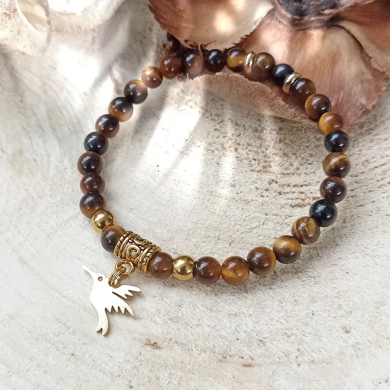✨ Bracelet en Œil de Tigre et Colibri en acier inoxydable doré