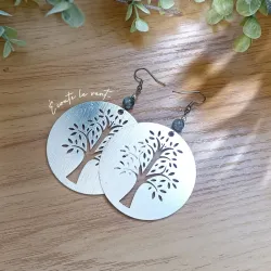 ✨ Boucles d'Oreilles Arbre de Vie en Aluminium Brossé et Œil de Faucon