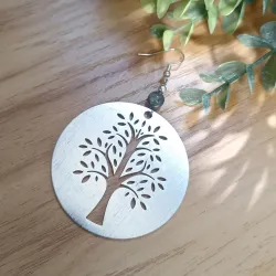 ✨ Boucles d'Oreilles Arbre de Vie en Aluminium Brossé et Œil de Faucon