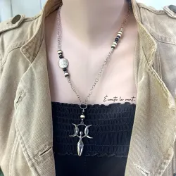 ✨ Collier en Obsidienne et Perles Heishi avec Pendentif Déesse Triple Lune