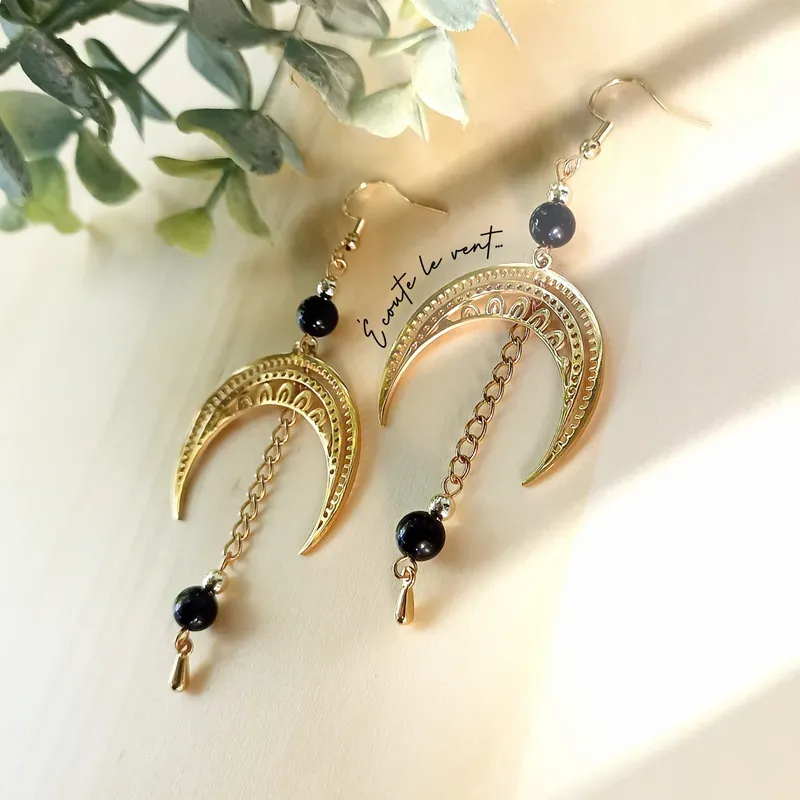 ✨ Boucles d’oreilles lune en acier inoxydable et Obsidienne