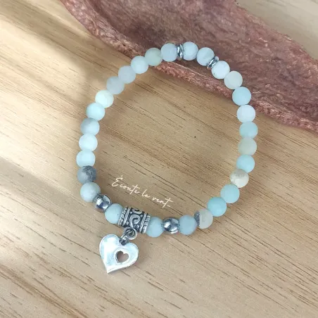 ✨ Bracelet en Amazonite avec breloque cœur ajouré