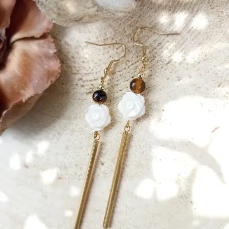 ✨ Boucles d'Oreilles Œil de Tigre et Rose en Nacre