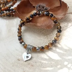✨ Bracelet en Œil de Tigre avec Breloque Cœur Ajouré