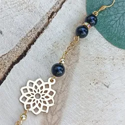 ✨ Boucles d'oreilles asymétriques en obsidienne et acier inoxydable doré