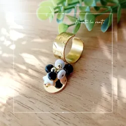 ✨ Bague ajustable en acier inoxydable doré avec obsidienne, étoile nacre et perles heishi
