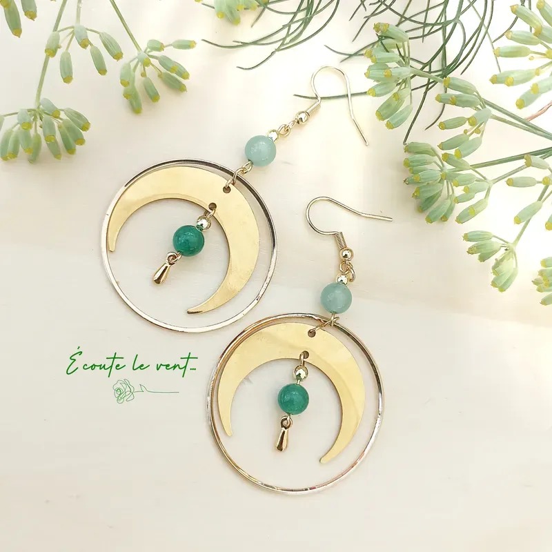 ✨ Boucles d'oreilles lune et cercle et perles d'aventurine