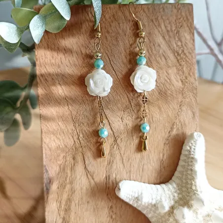 ✨ Boucles d'oreilles roses nacre et perles de verre turquoise