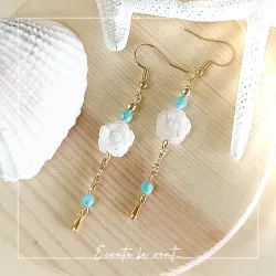 ✨ Boucles d'oreilles roses nacre et perles de verre turquoise