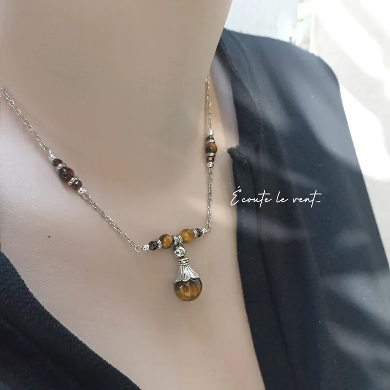 ✨ Collier en Œil de Tigre avec pendentif perle 12 mm