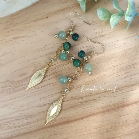 ✨ Boucles d'oreilles pendantes en Jade vert et Aventurine et acier inoxydable doré