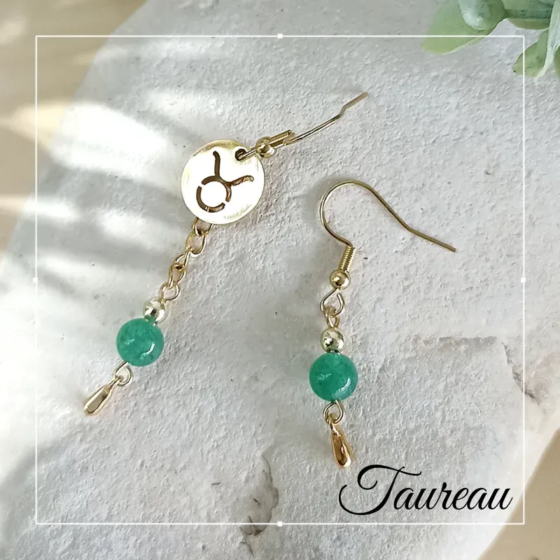 ✨ Boucles d'oreilles Taureau en Aventurine et acier inoxydable doré