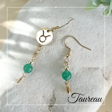 ✨ Boucles d'oreilles Taureau en Aventurine et acier inoxydable doré