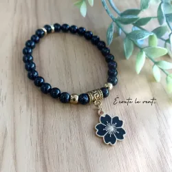 ✨ Bracelet en Obsidienne et acier inoxydable avec pendentif fleur de Sakura