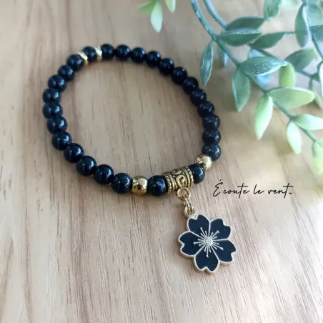 ✨ Bracelet en Obsidienne et acier inoxydable avec pendentif fleur de Sakura