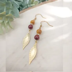 ✨ Boucles d'oreilles "Feuilles" en Mokaïte et acier inoxydable doré