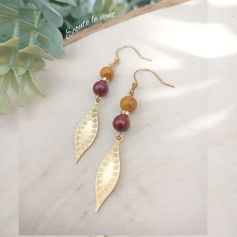✨ Boucles d'oreilles "Feuilles" en Mokaïte et acier inoxydable doré
