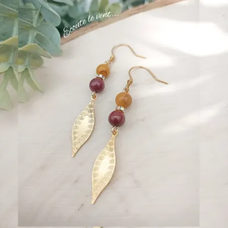 ✨ Boucles d'oreilles "Feuilles" en Mokaïte et acier inoxydable doré
