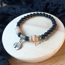 ✨ Bracelet en Obsidienne noire, Nacre et acier inoxydable avec pendentif Arbre de Vie