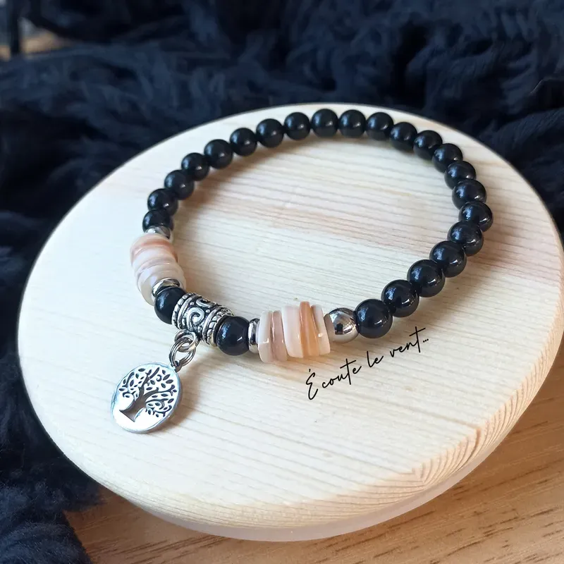✨ Bracelet en Obsidienne noire, Nacre et acier inoxydable avec pendentif Arbre de Vie