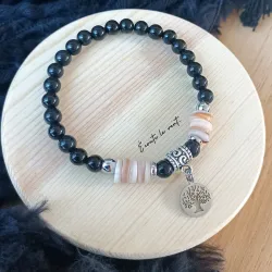 ✨ Bracelet en Obsidienne noire, Nacre et acier inoxydable avec pendentif Arbre de Vie