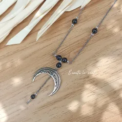 ✨ Collier Lune en Obsidienne noire et acier inoxydable