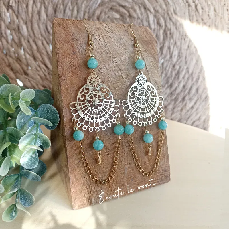 ✨ Boucles d'oreilles Mandala en Amazonite et acier inoxydable doré