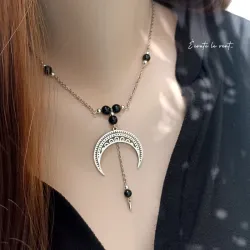 ✨ Collier Lune en Obsidienne noire et acier inoxydable