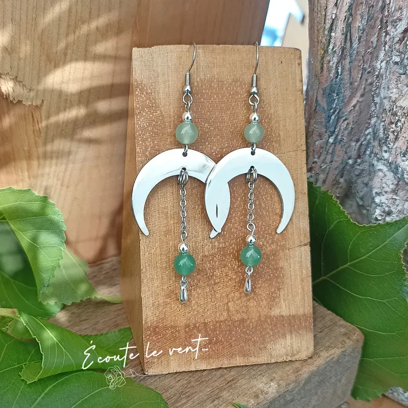 ✨ Boucles d'oreilles en Aventurine et croissant de lune