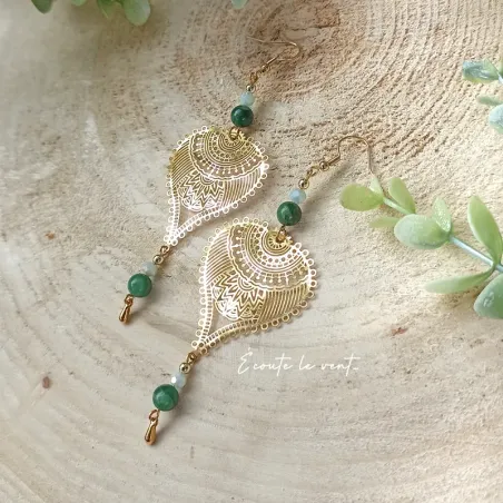 ✨ Boucles d'oreilles feuilles dorées et Jade vert