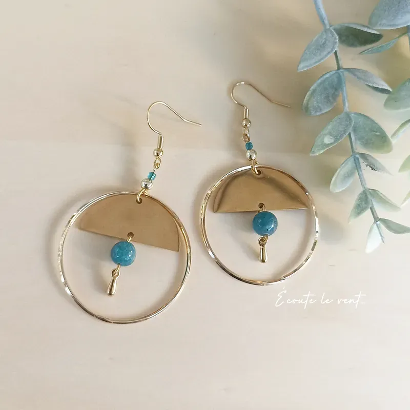 ✨ Boucles d'oreilles  cercle et demi-lune et perle en Apatite