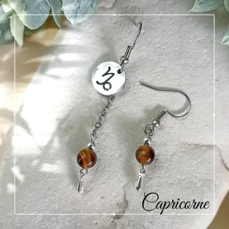 ✨ Boucles d'oreilles "Astro" Capricorne avec perles en Œil de Tigre