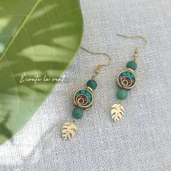 ✨ Boucles d'oreilles en Jade, feuilles de Monstera et perle indonésienne