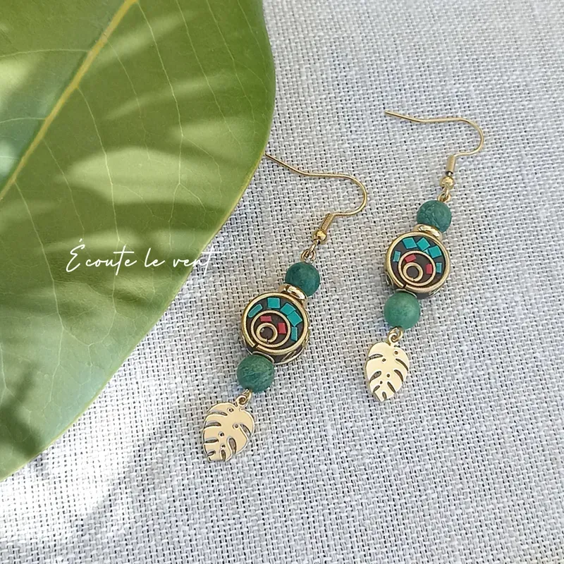 ✨ Boucles d'oreilles en Jade, feuilles de Monstera et perle indonésienne